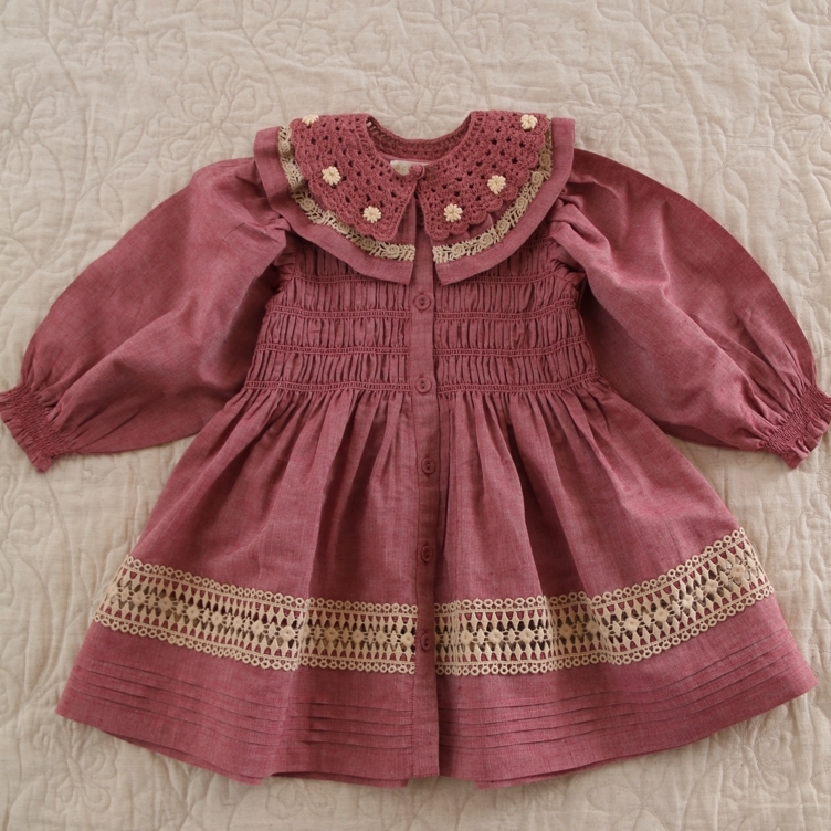 BONJOUR DIARY 雙層領鏤空排扣洋裝(編織領可拆) Dress - Red chambray