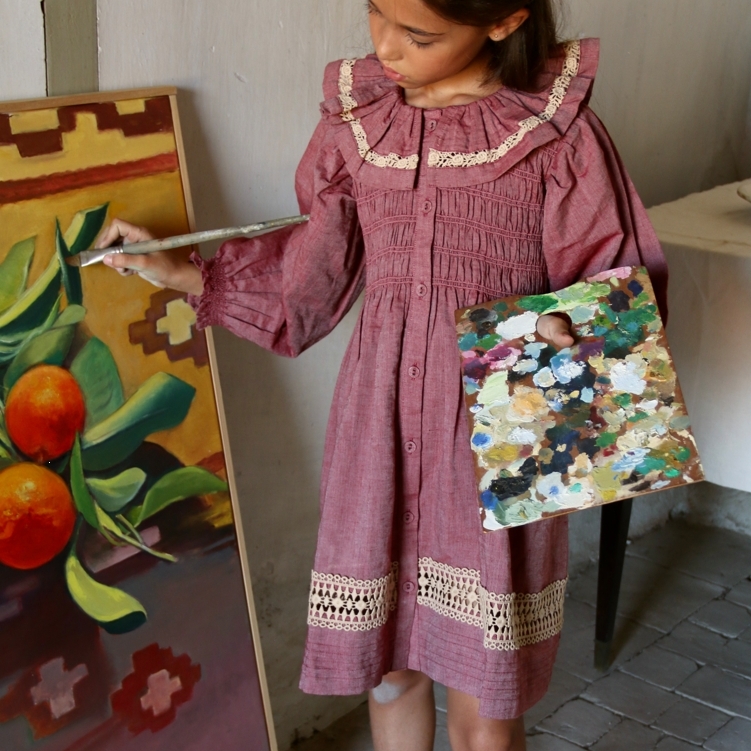 BONJOUR DIARY 雙層領鏤空排扣洋裝(編織領可拆) Dress - Red chambray
