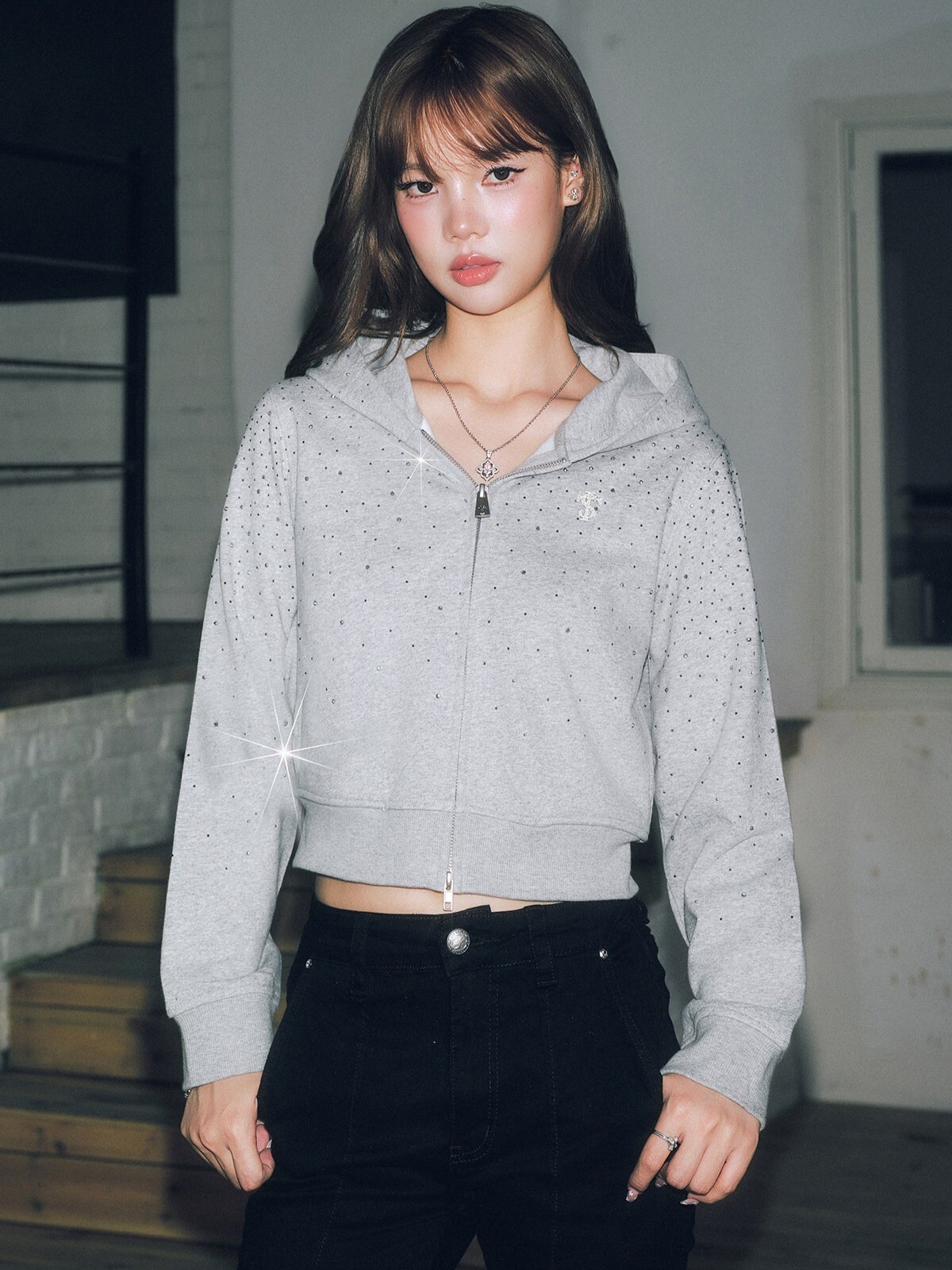 STK SmallTownKid Starry Sky Rhinestone Logo Short Hooded Jacket