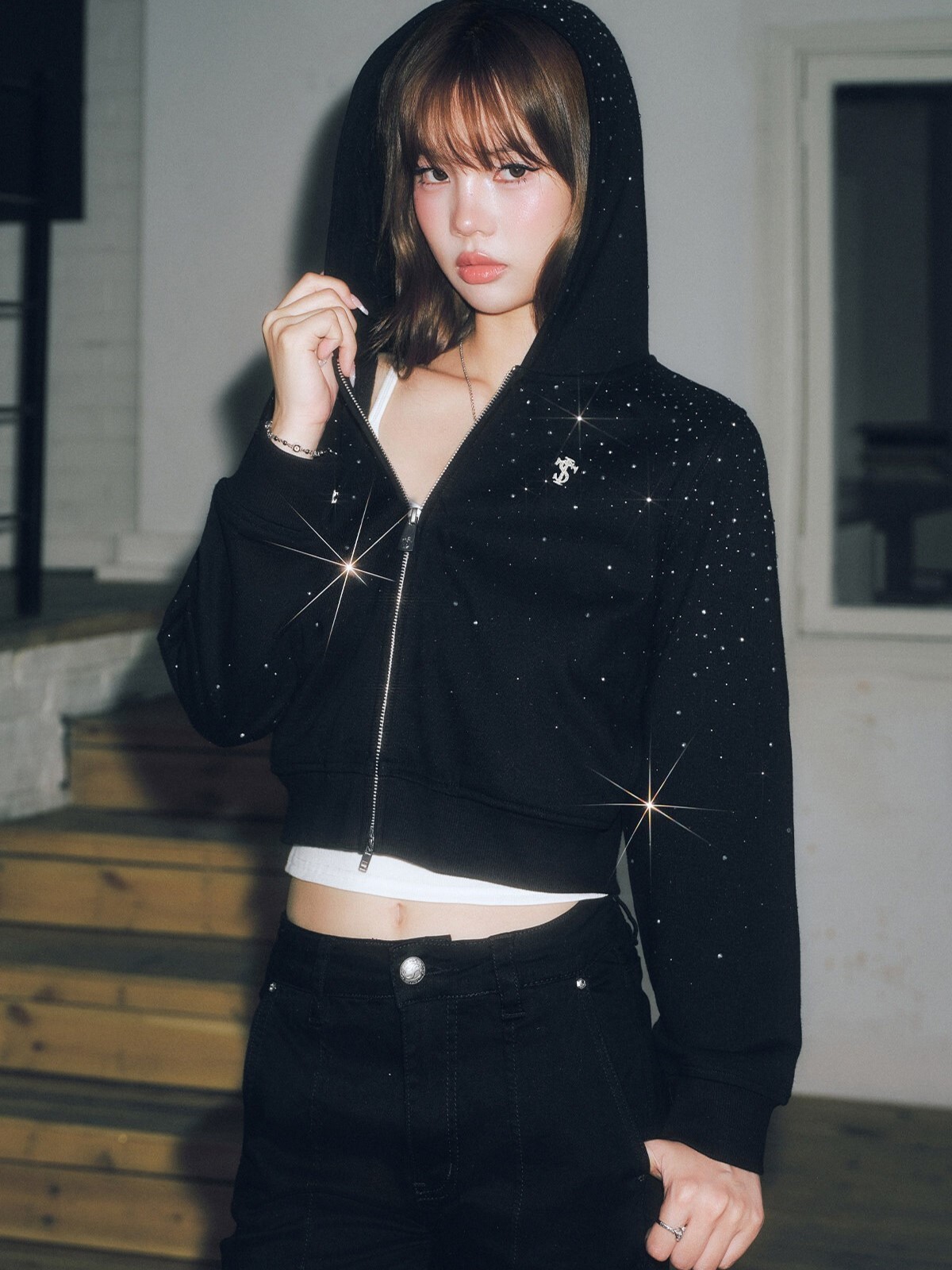 STK SmallTownKid Starry Sky Rhinestone Logo Short Hooded Jacket