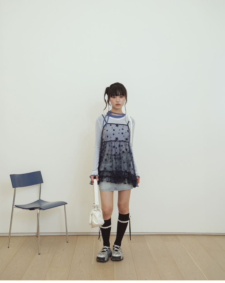 Star-patterned flocked ruffle mesh cover-up vest - dark blue【01200059】in stock+pre-order