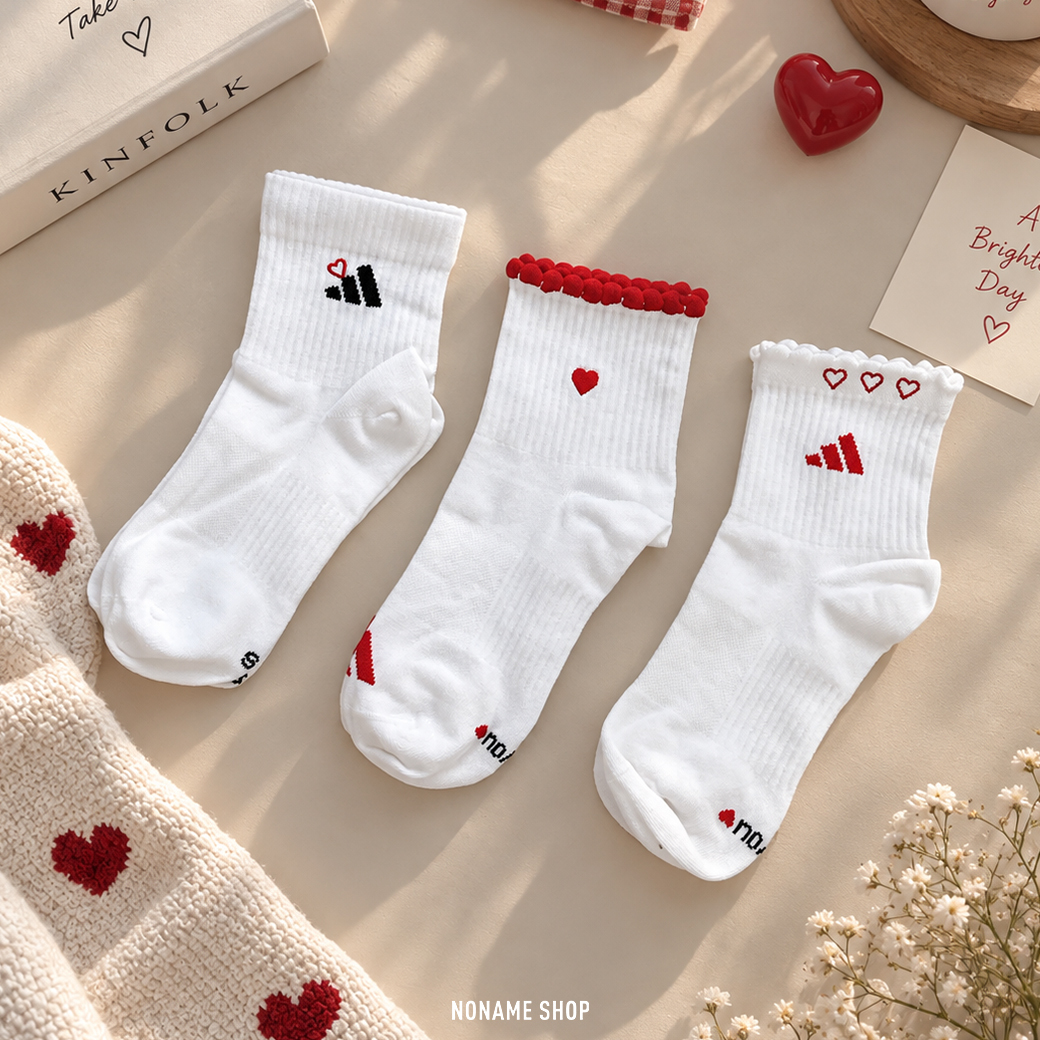 ADIDAS 刺繡 愛心 中筒襪 三雙一組 襪子 紅白
