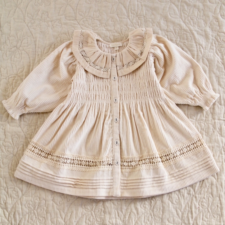 BONJOUR DIARY 燈芯絨鏤空排扣洋裝 Dress - Ivory corduroy