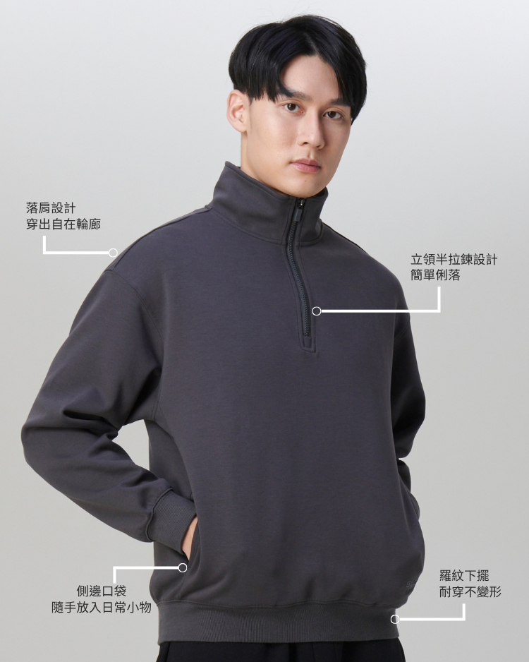 SLOWMODE 男款碳灰半拉鍊立領上衣 商品細節