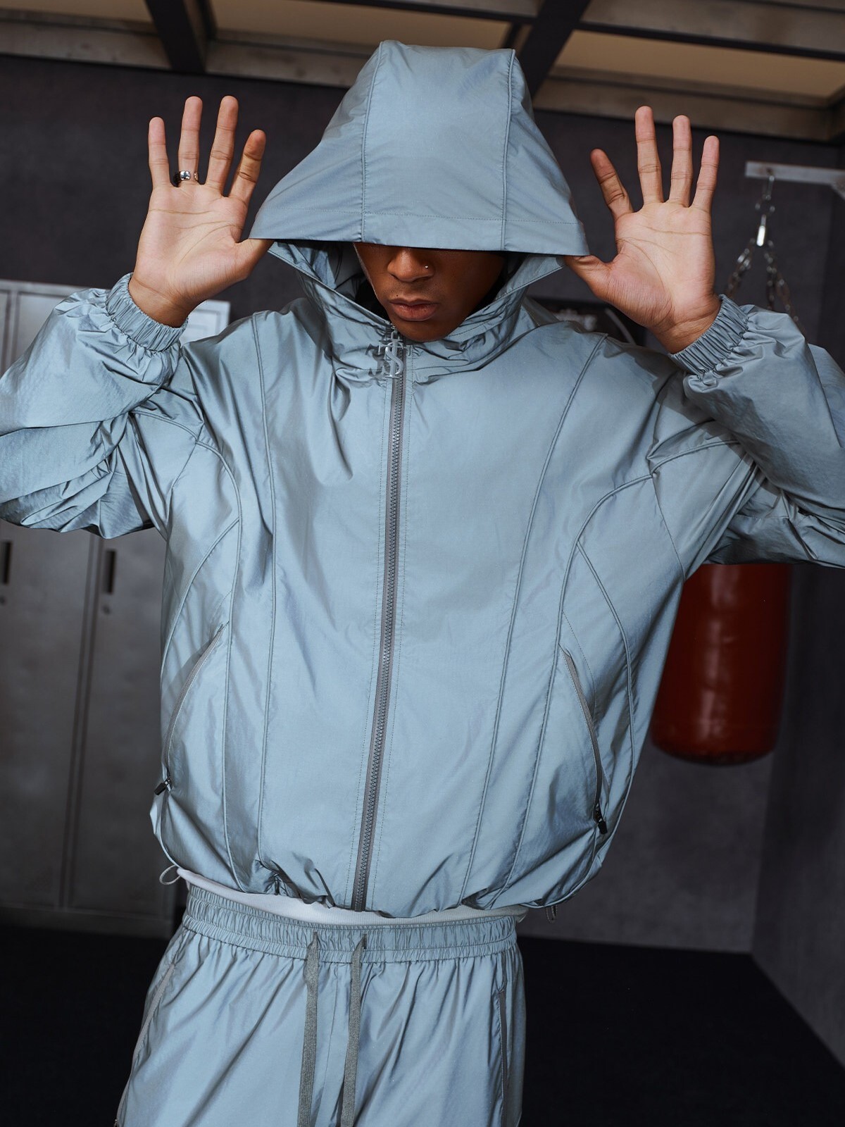 STK SmallTownKid Reflective Woven Cloth with Screen-Printed Logo, Windproof Drawstring Hooded Jacket