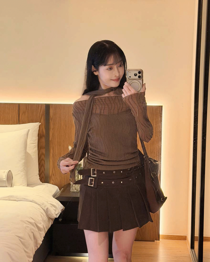 LINA LINA柔美著迷立體紋理假兩件上衣附繞帶-巧克力咖