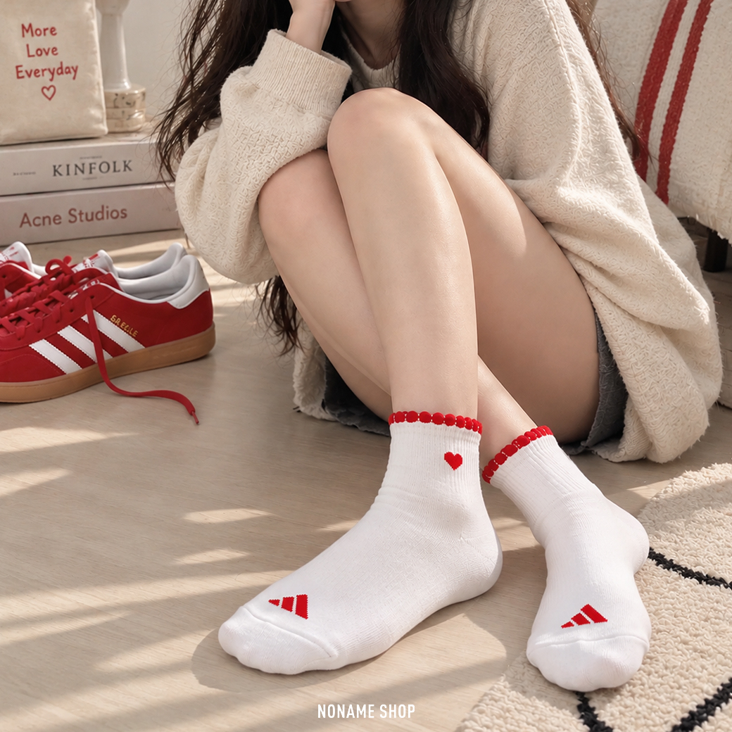 ADIDAS 刺繡 愛心 中筒襪 三雙一組 襪子 紅白