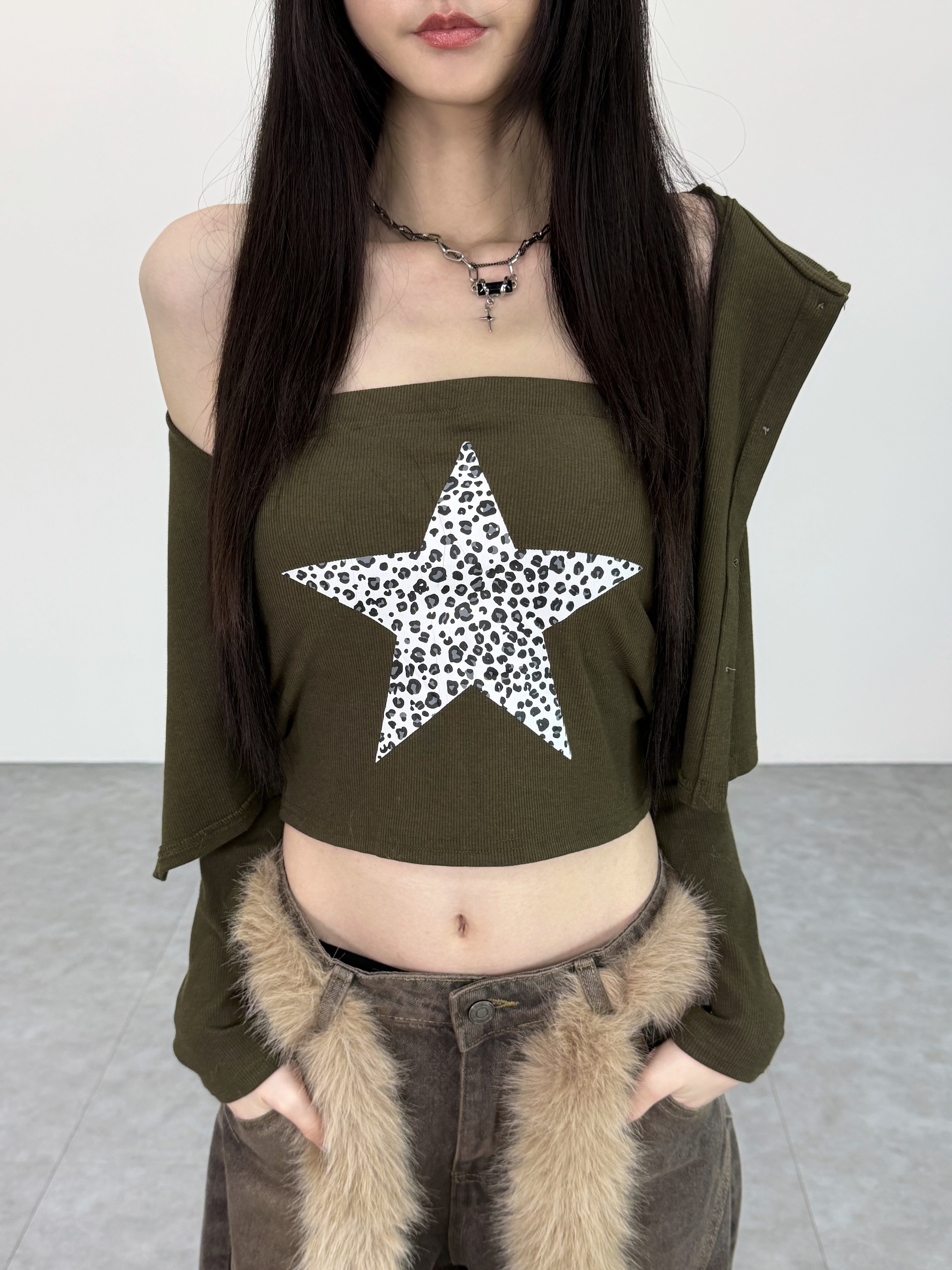 A0431-A14 復古辣妹豹紋星星抹胸鉚釘連帽外套兩件套