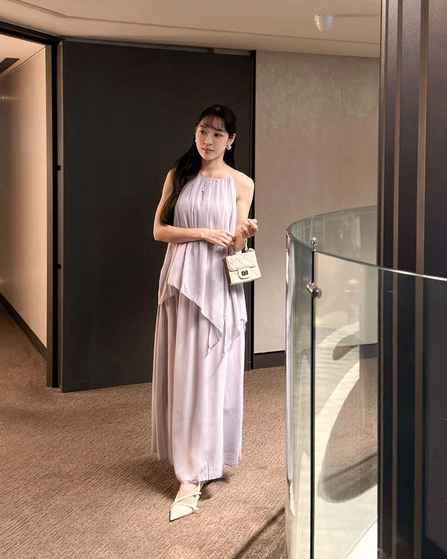 LINA LINA浪漫曲調不規則壓褶上衣長裙兩件組-優美紫