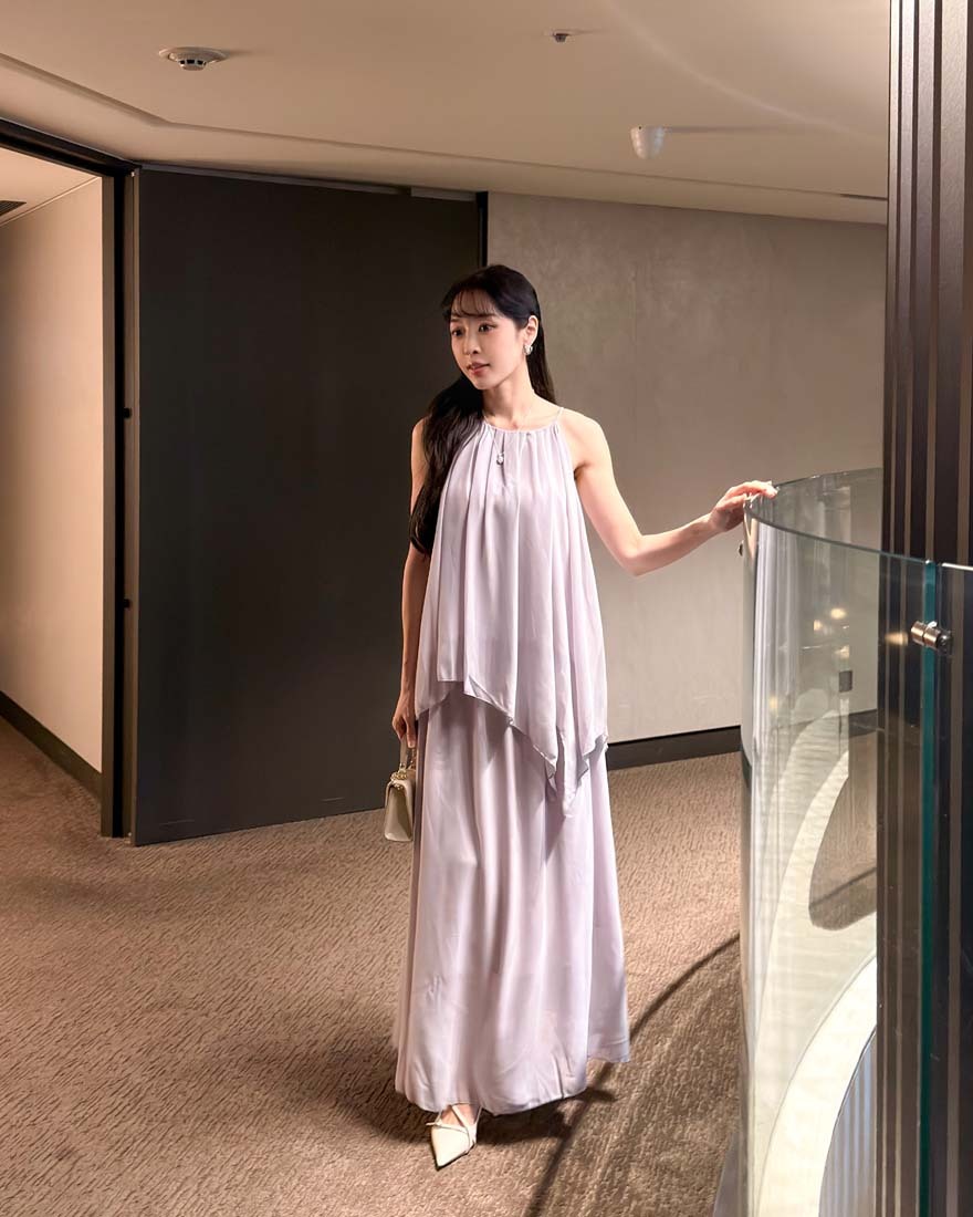 LINA LINA浪漫曲調不規則壓褶上衣長裙兩件組-優美紫