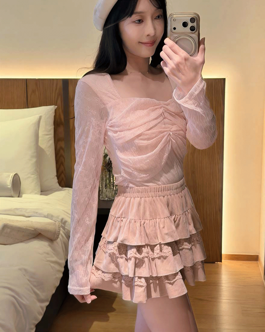 LINA LINA甜美依戀立體紋理枝葉蝴蝶結上衣-玫瑰粉