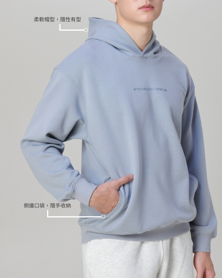 SLOWMODE 男款灰藍帽T 設計細節