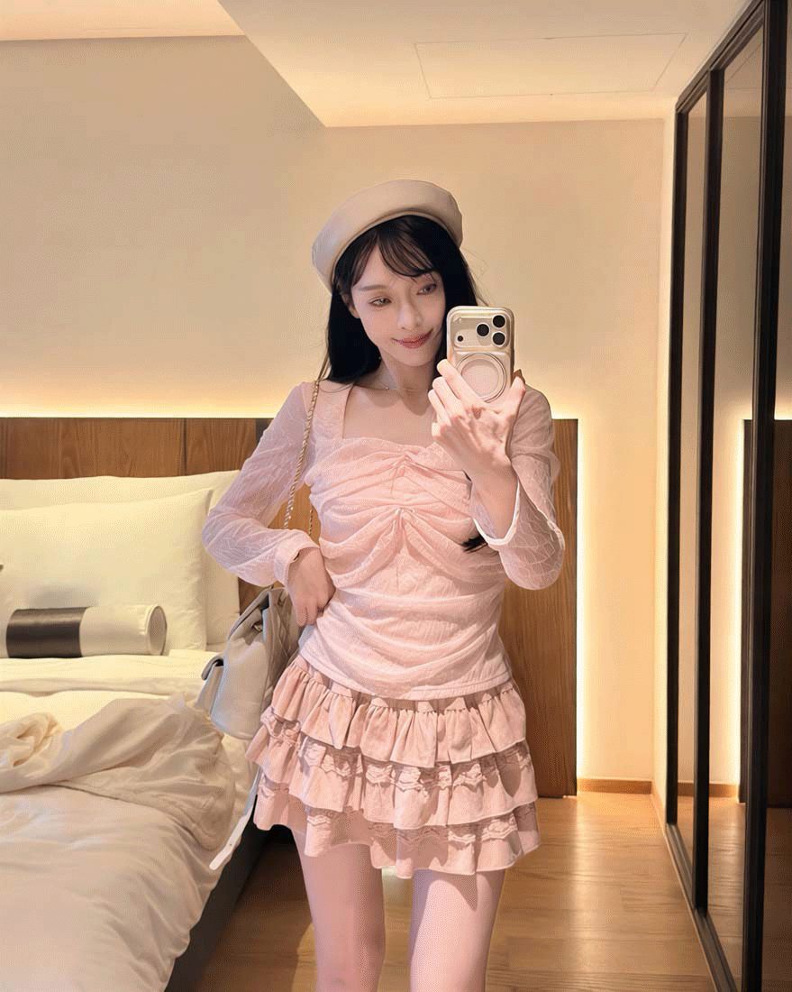 LINA LINA動人甜意蕾絲荷葉滾邊層次蛋糕短褲裙-蜜桃粉