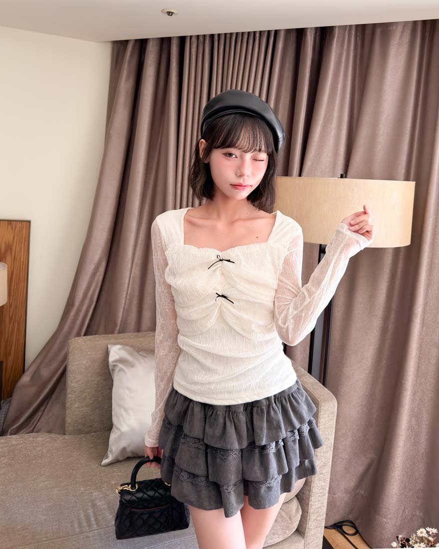 LINA LINA動人甜意蕾絲荷葉滾邊層次蛋糕短褲裙-迷人灰