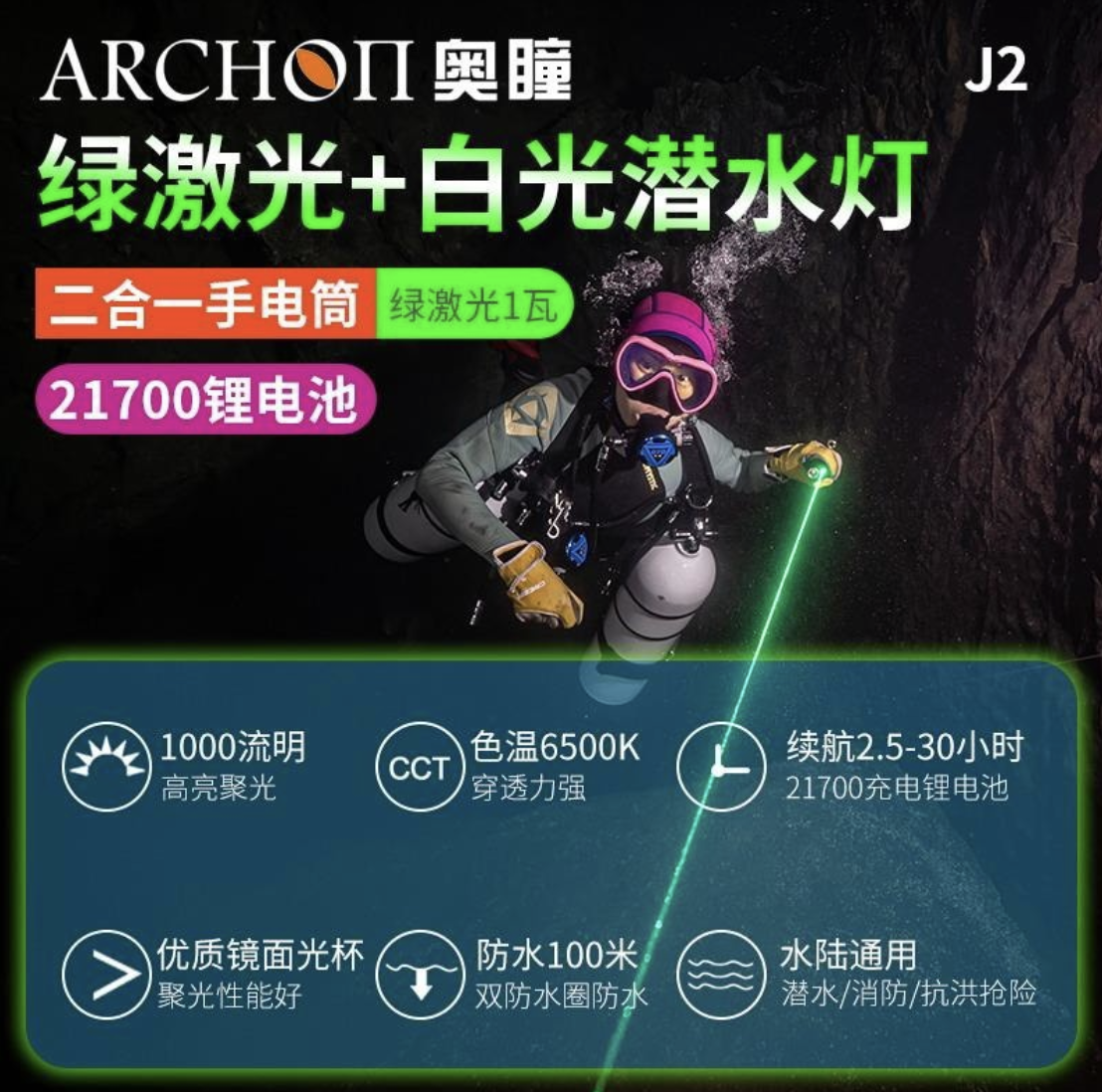 奧瞳 ARCHON 雷射燈 J2 1000流明 (含電池充電線)