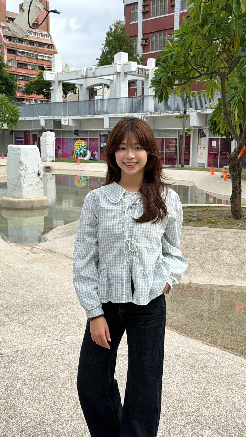 Peter Pan collar lace plaid shirt