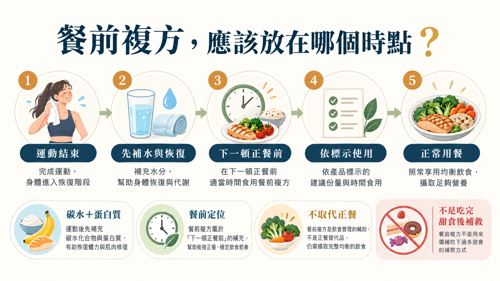 餐前複方使用時點流程,從運動結束、補水恢復、下一頓正餐前、依標示使用到正常用餐。