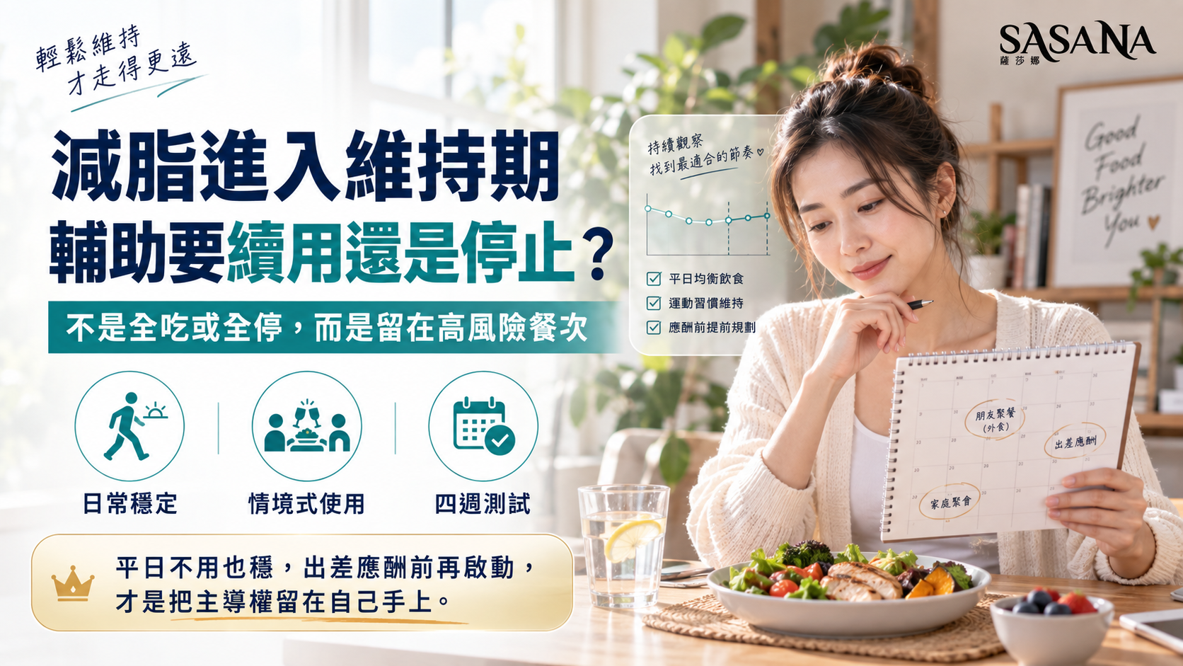 女性查看月曆與飲食紀錄,評估減脂維持期是否續用、停用或只在高風險餐次使用輔助。