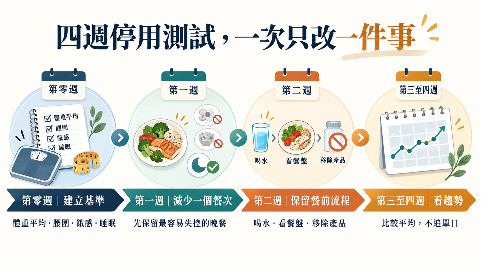 四週停用測試時間軸,依序建立基準、減少一個餐次、保留餐前流程移除產品,最後比較趨勢。
