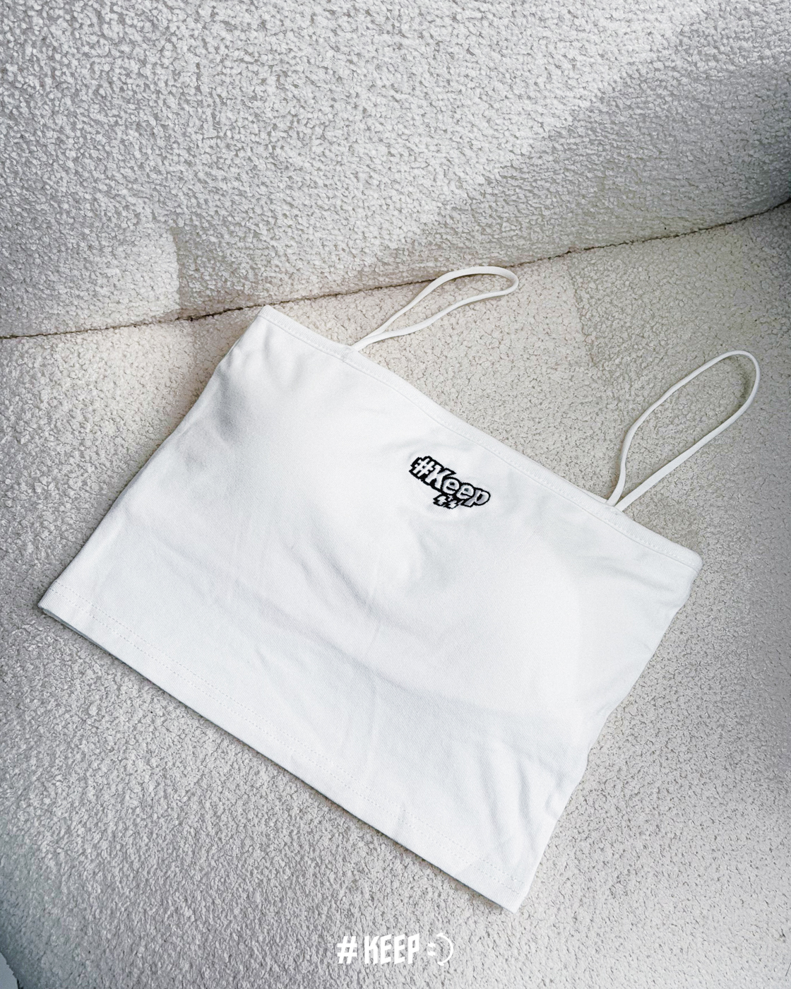 #KEEP ELASTIC BRA TOP 彈性背心 白色 刺繡 LOGO 一片式 可拆 手托胸墊 細肩 親膚 高彈力 短版 背心【KS371】