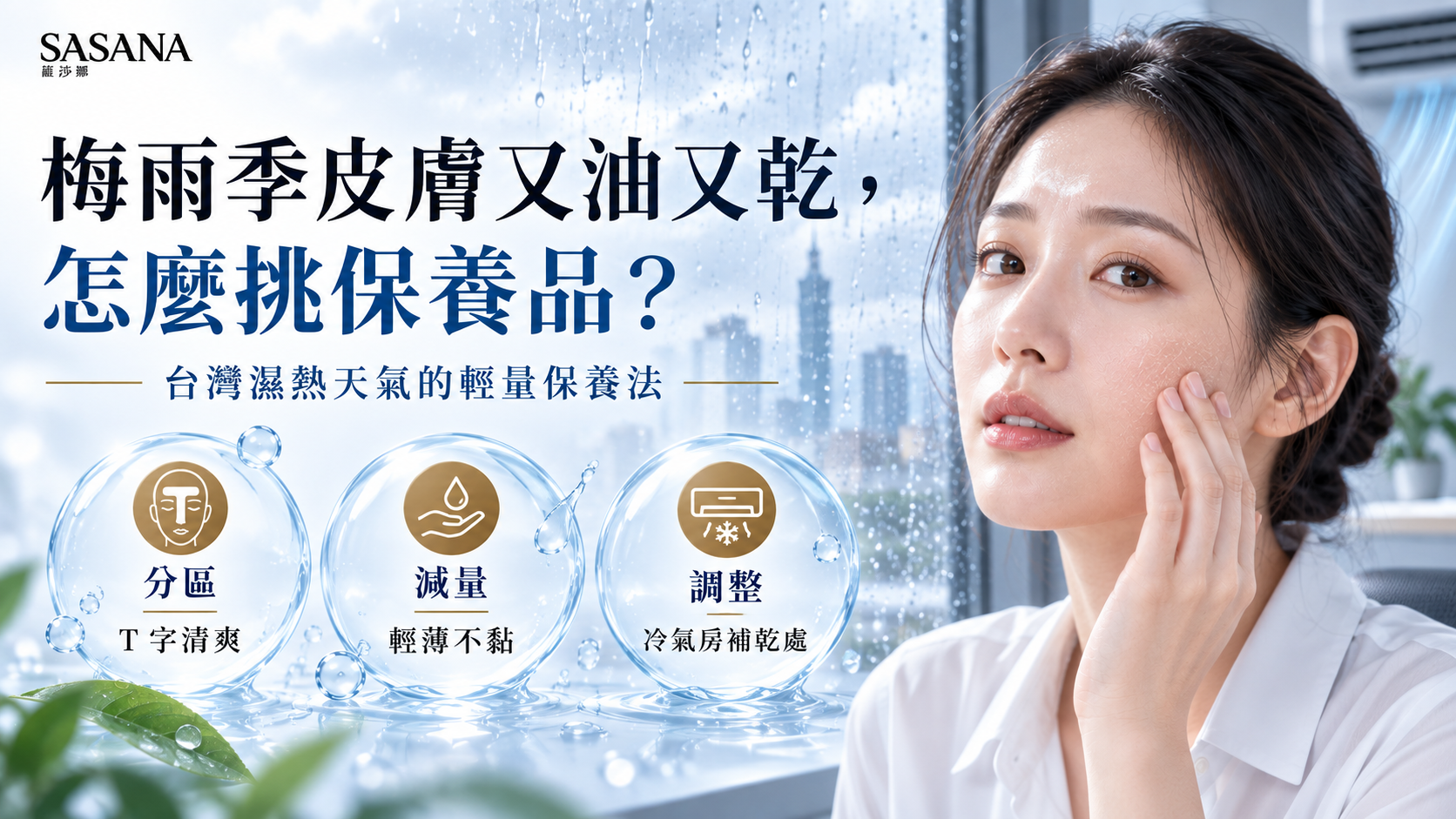 雨天冷氣房中的女性呈現 T 字油光與兩頰乾燥,搭配分區、減量與調整重點