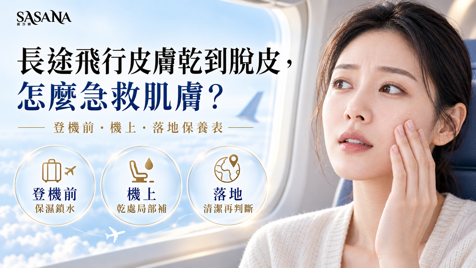 長途飛行乘客在機艙觸摸乾燥臉頰,搭配登機前、機上與落地三階段保養