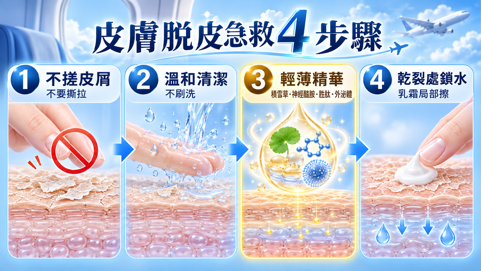 皮膚脫皮時不搓皮屑、溫和清潔、輕薄精華與乾裂處鎖水四步驟