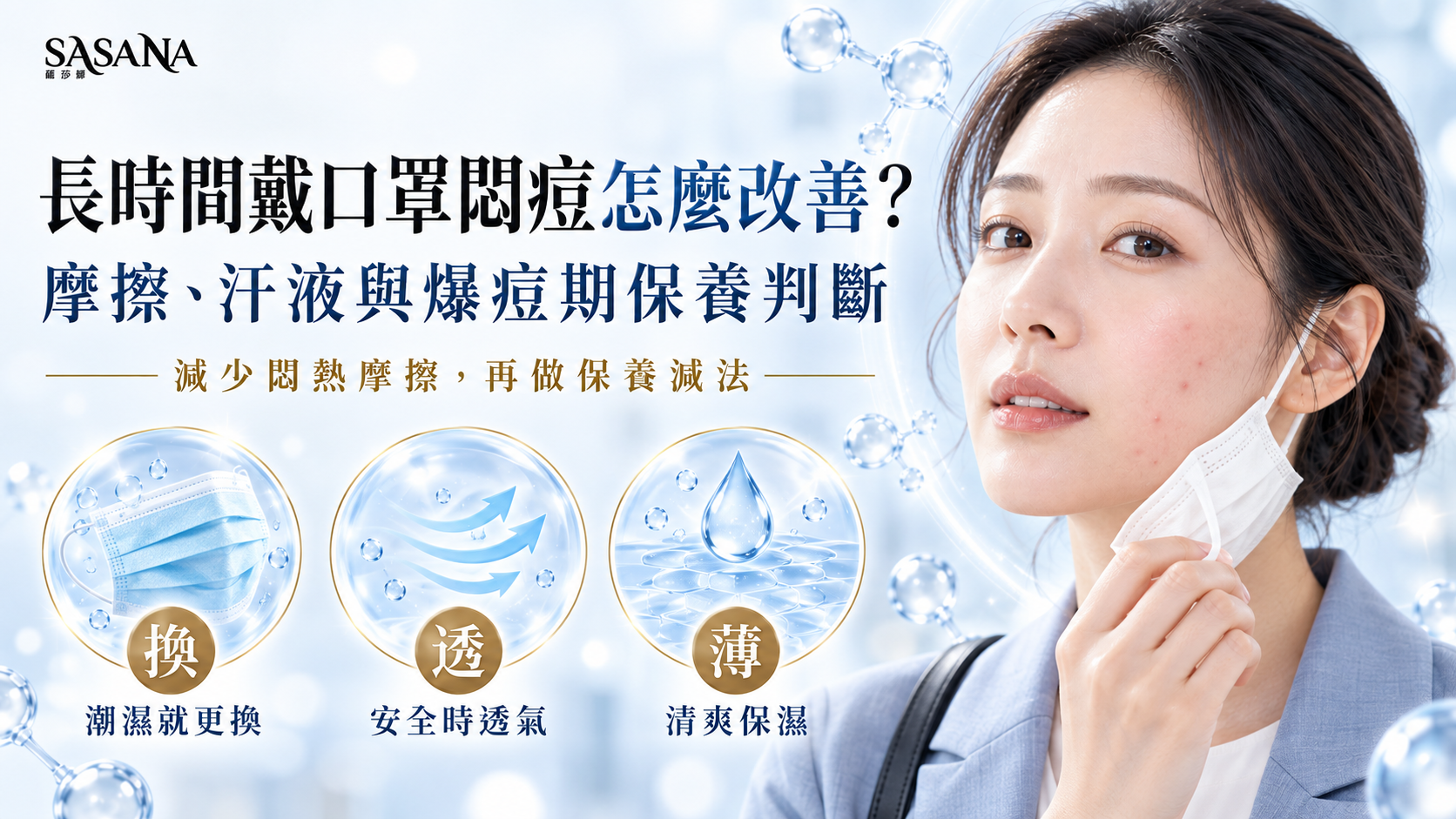 上班族女性取下口罩,搭配潮濕更換、安全透氣與清爽保濕三項提醒