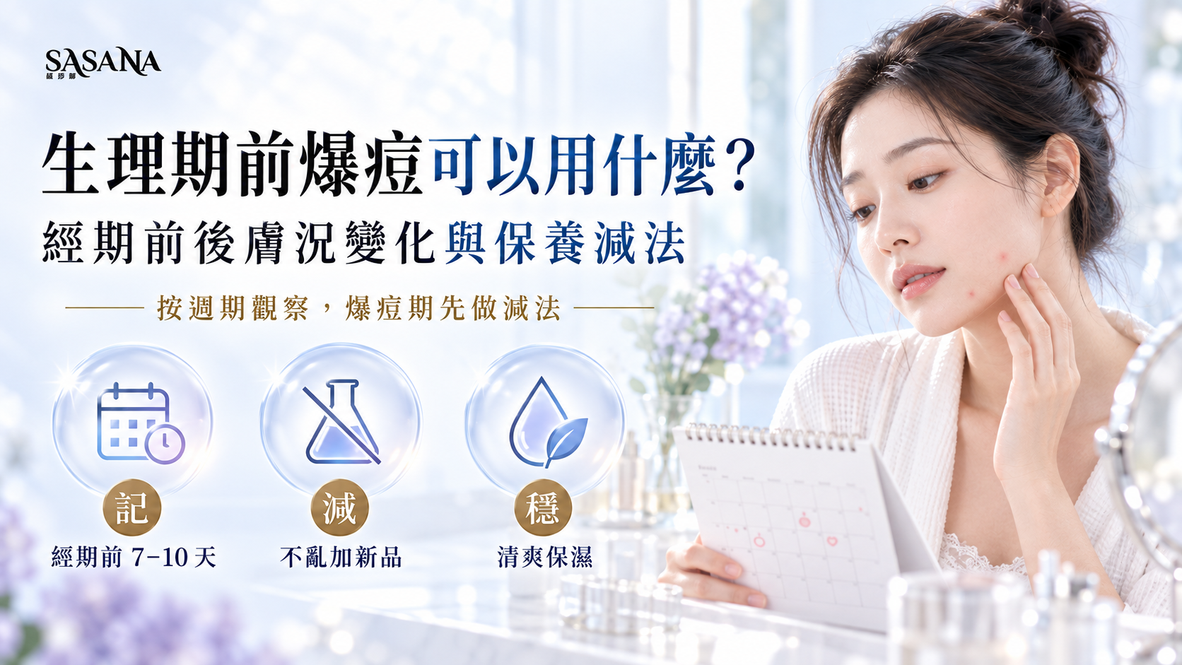 女性對照月曆觀察下顎爆痘,搭配記錄、減少新品與清爽保濕三項重點