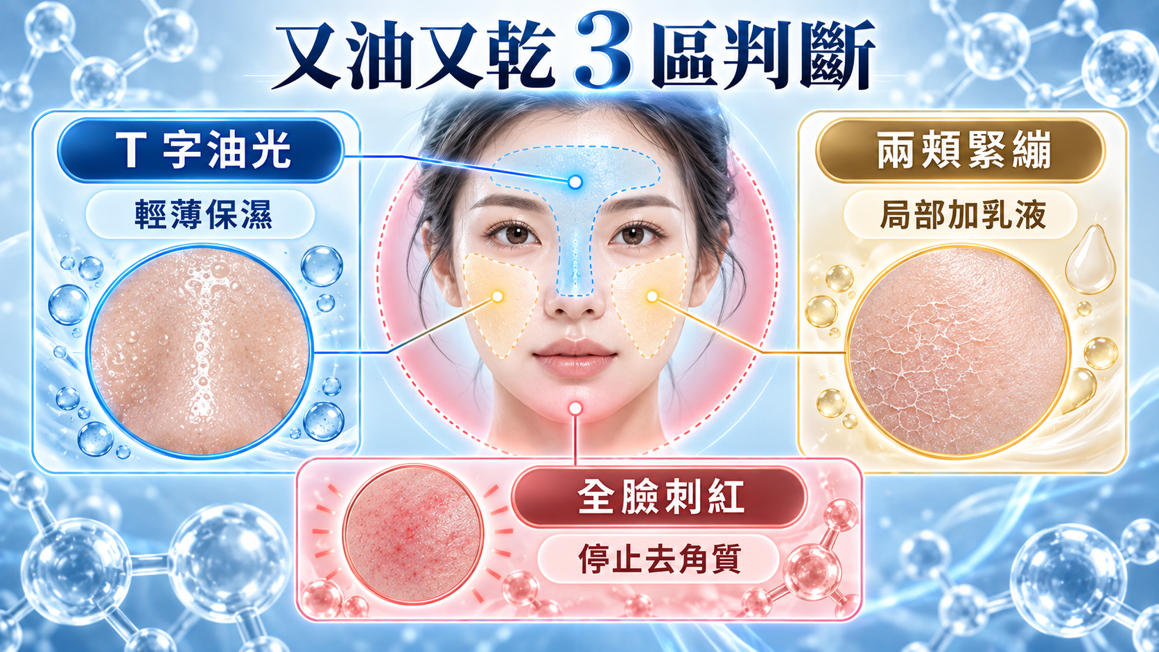 臉部 T 字油光、兩頰緊繃與全臉刺紅三區判斷圖
