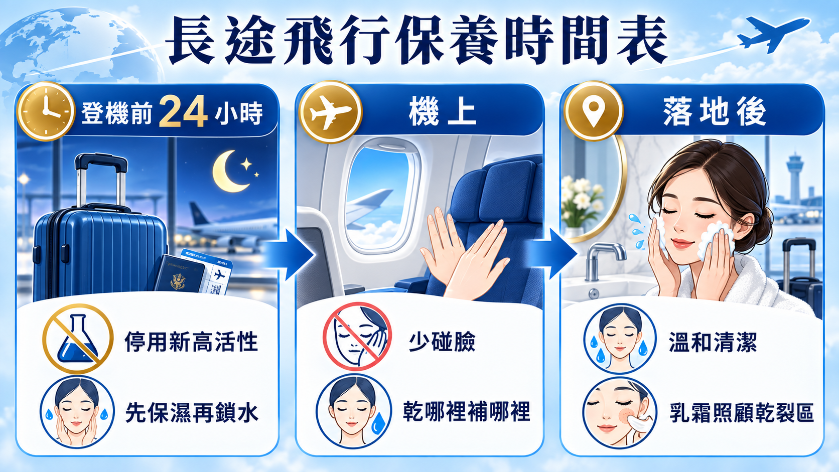 登機前二十四小時、機上與落地後的長途飛行保養時間表