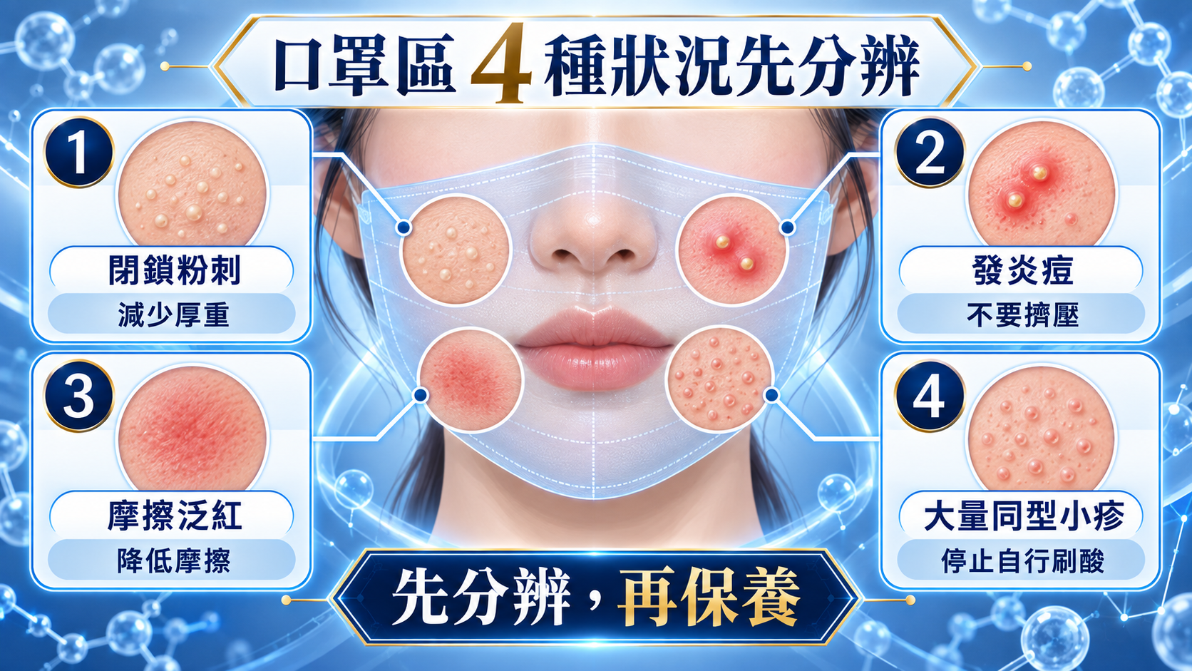 口罩區閉鎖粉刺、發炎痘、摩擦泛紅與大量同型小疹四種狀況圖