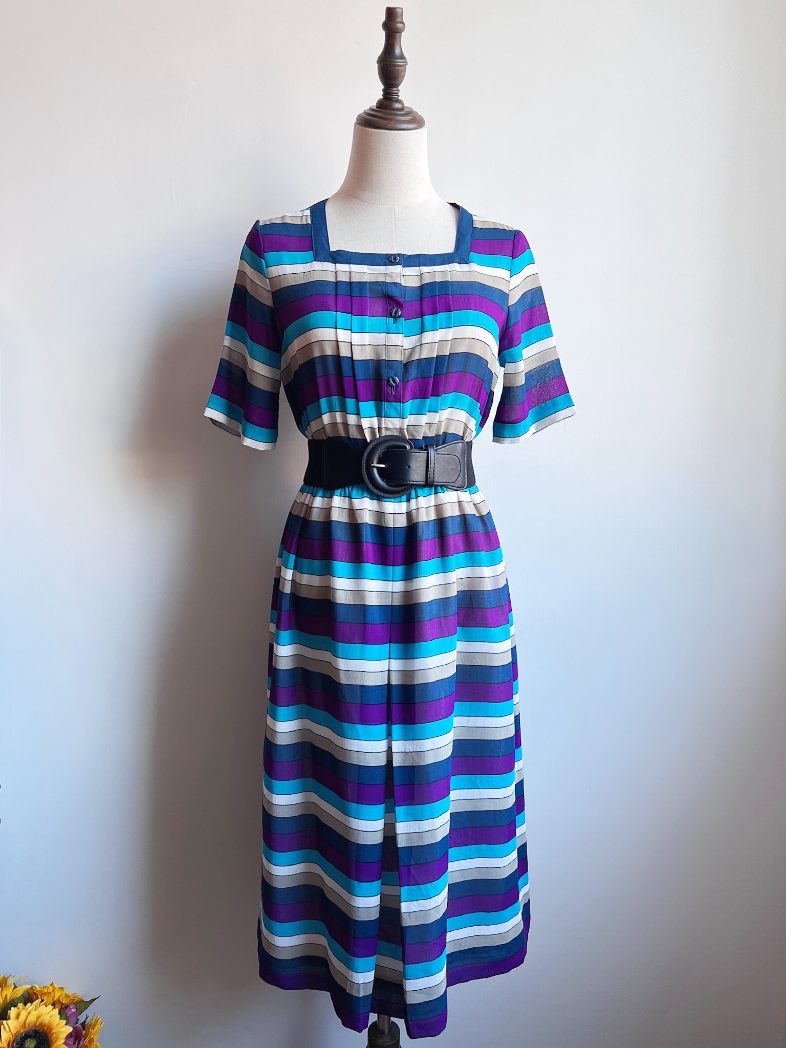 Purple-and-blue striped square-neck vintage dress