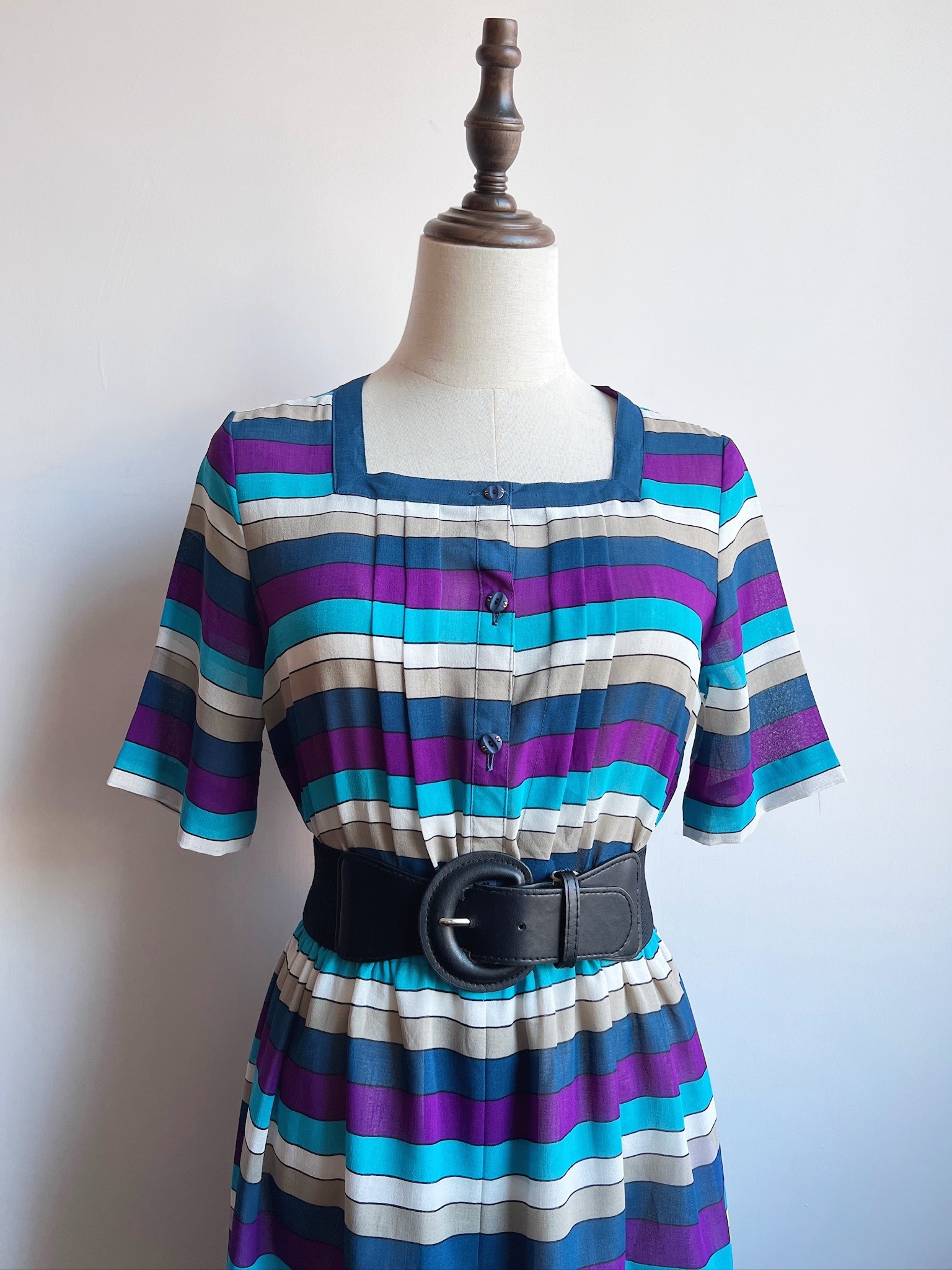 Purple-and-blue striped square-neck vintage dress