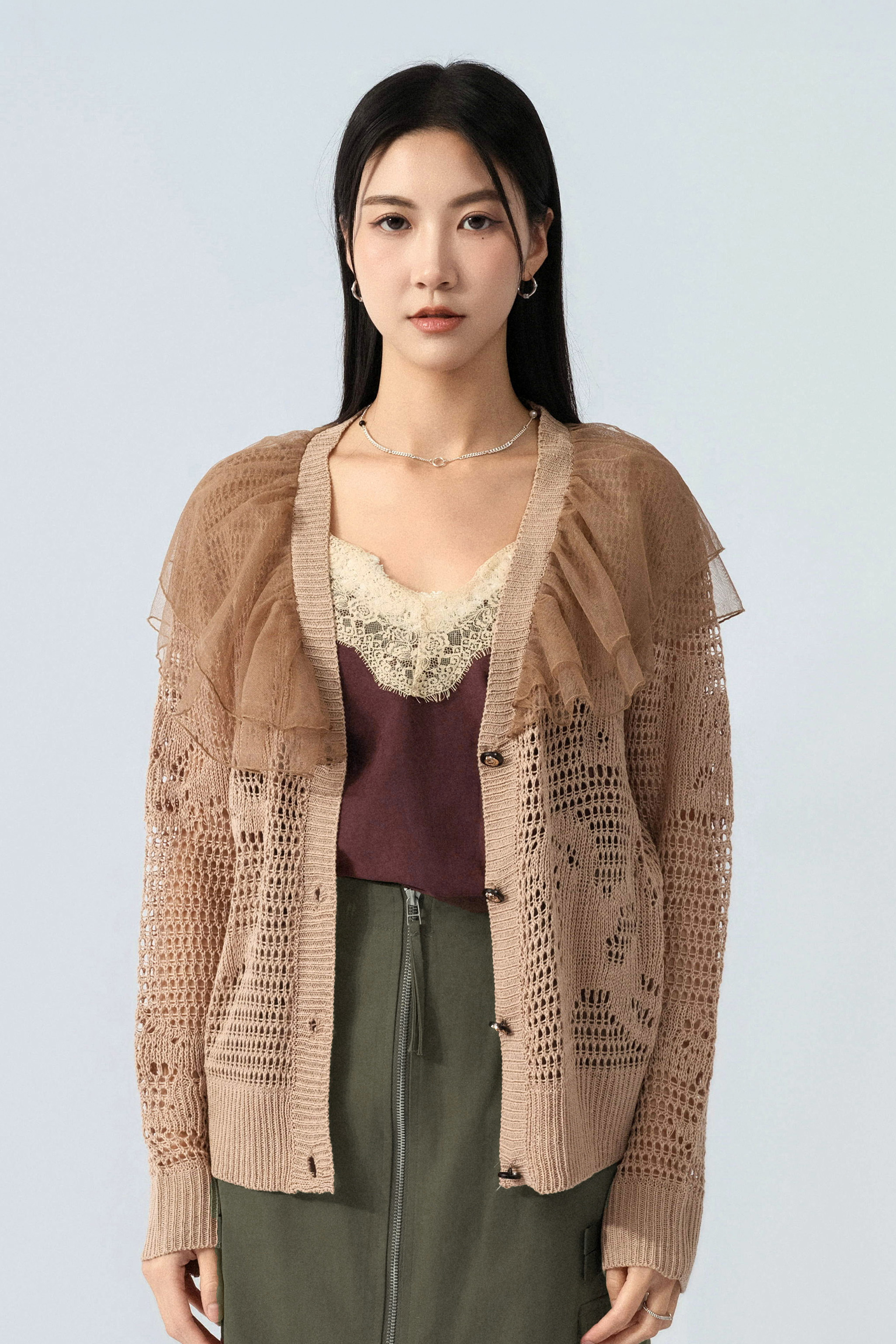 大網紗領通花針織cardigan (預購產品）