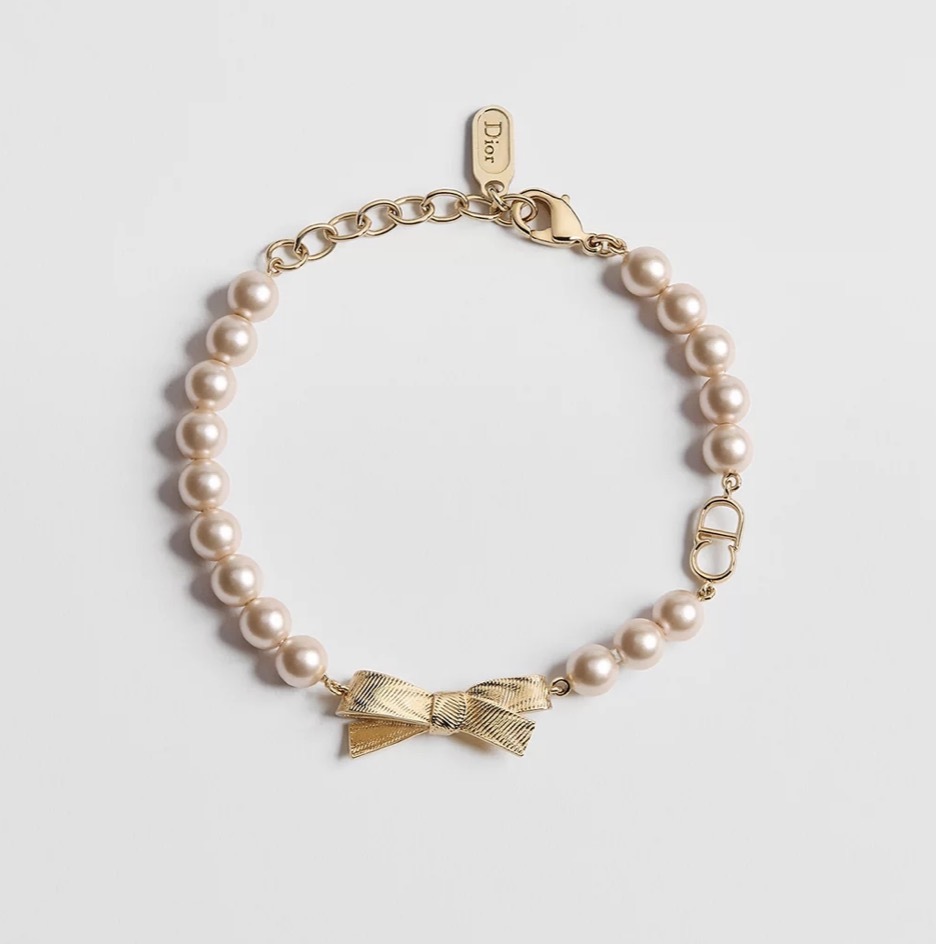Dior CD Bow 蝴蝶結珍珠水晶金色手鏈