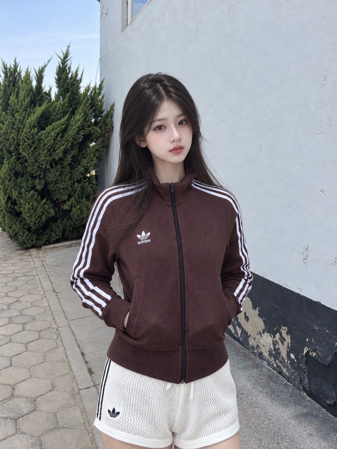 ADIDAS ORIGINALS ADICOLOR TOP 復古 立領 針織 短版 外套 酒紅色