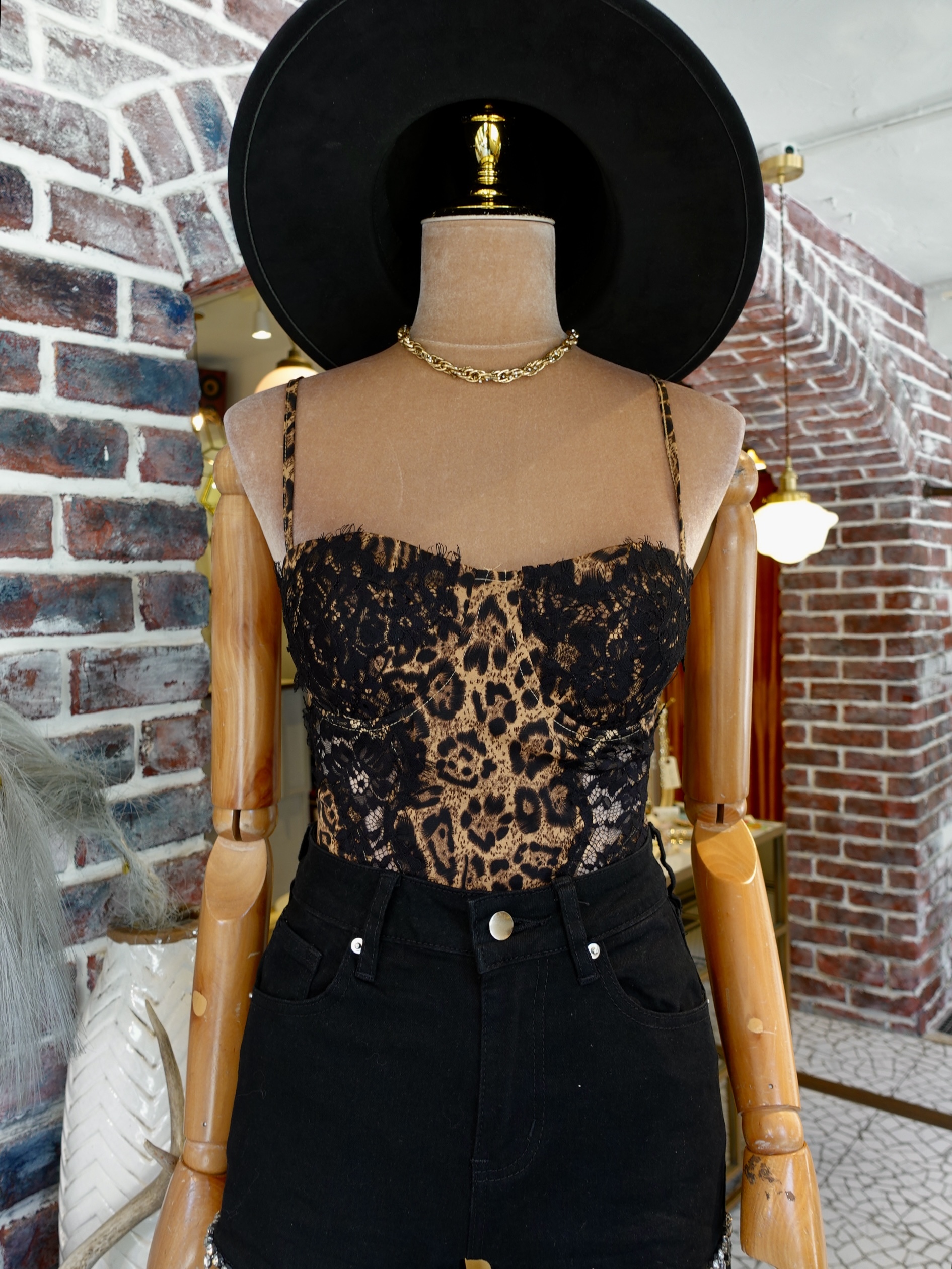 Brownie布朗尼色蕾絲豹紋印花Bodysuit