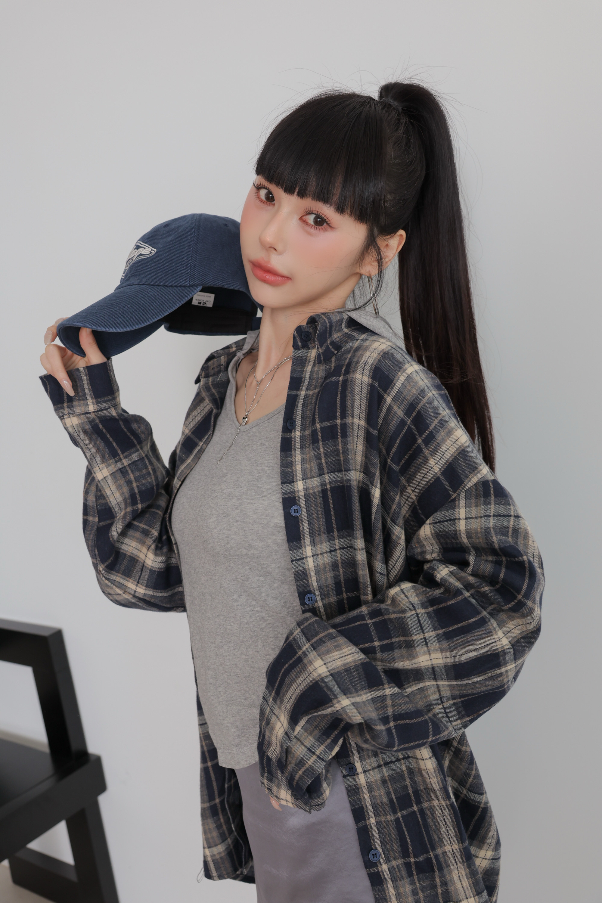 復古休閒寬鬆格紋襯衫 HH01