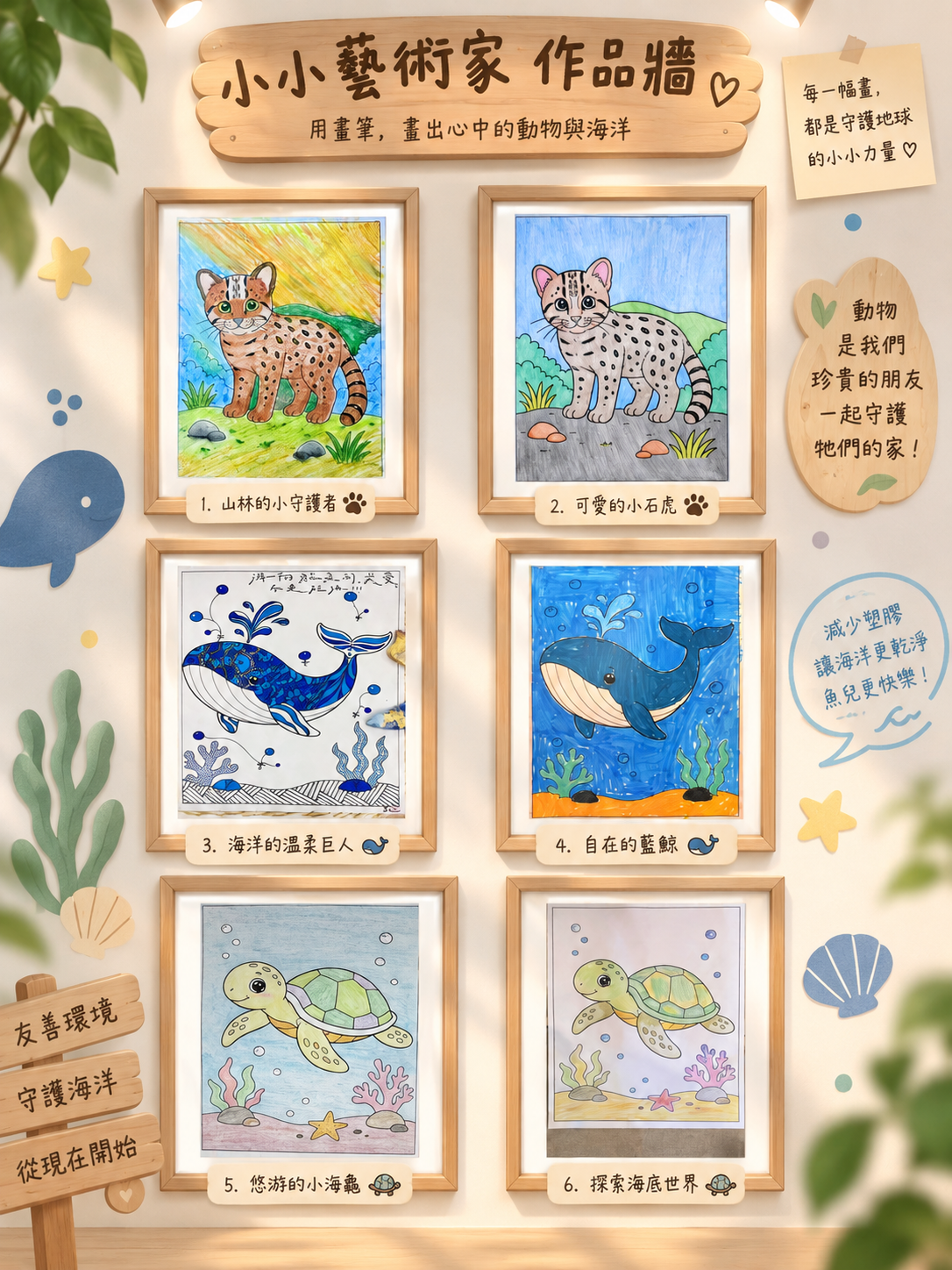 小小藝術家作品牆,展示石虎、鯨魚與海龜主題的六幅兒童繪畫作品,傳達守護動物、減少塑膠與海洋保育理念。