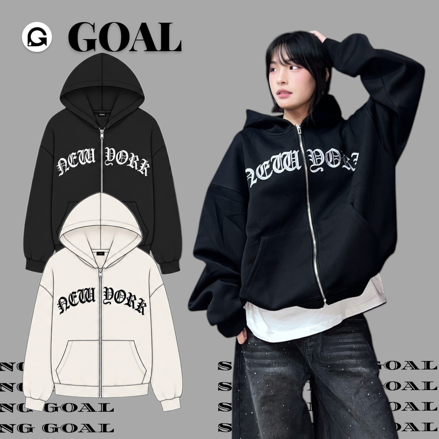 (GOAL)厚磅哥德字母刺繡連帽外套 99121