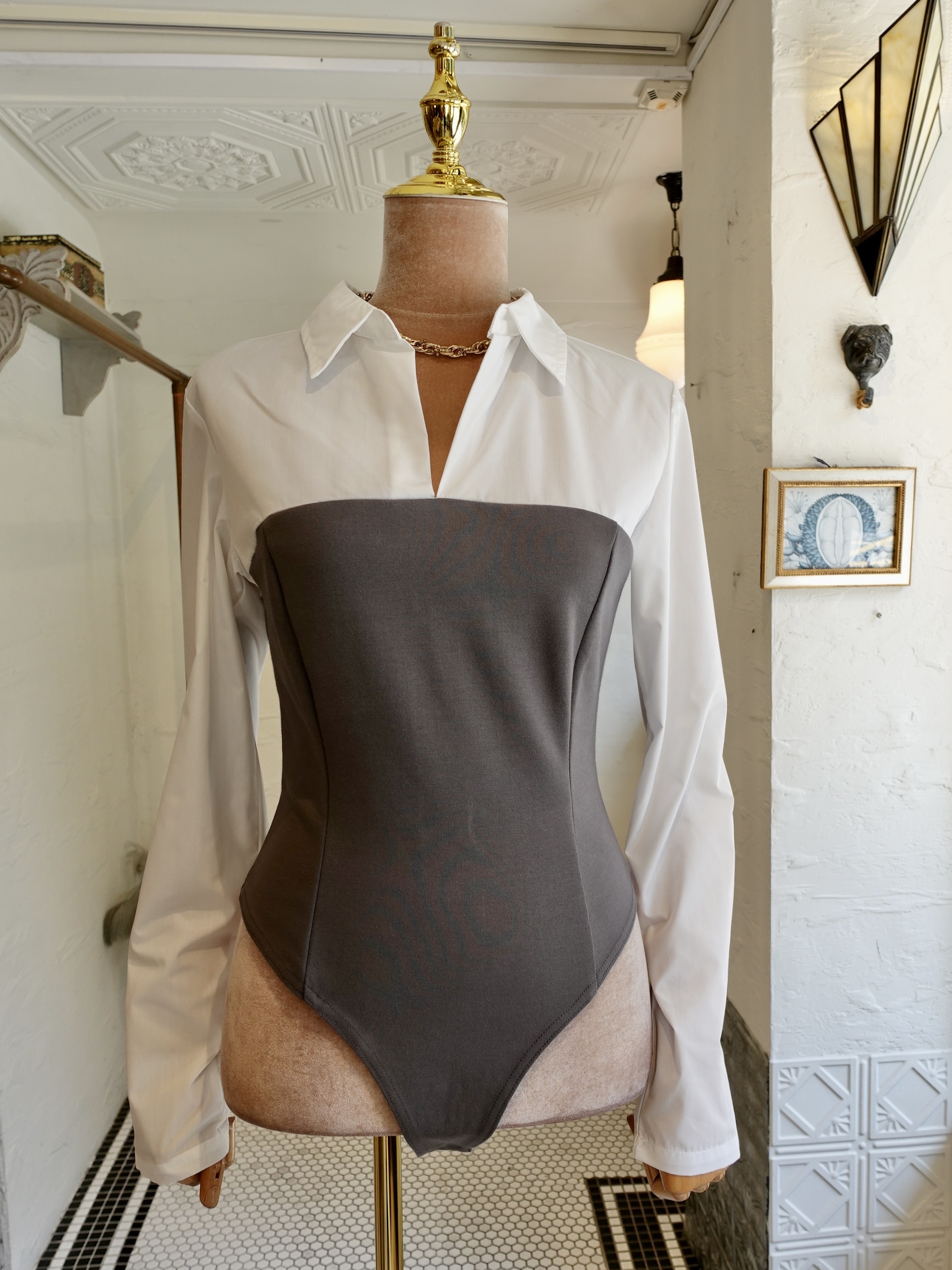 White Grey白灰色拼接襯衫連身衣Bodysuit