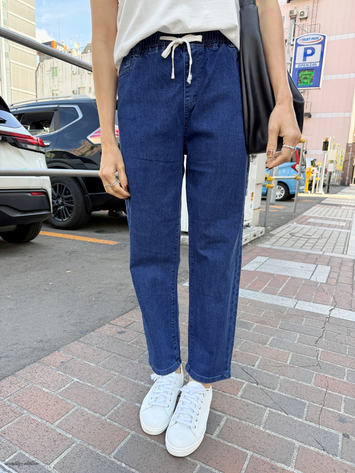 正韓濾鏡柔焦藍彈性綁帶牛仔褲