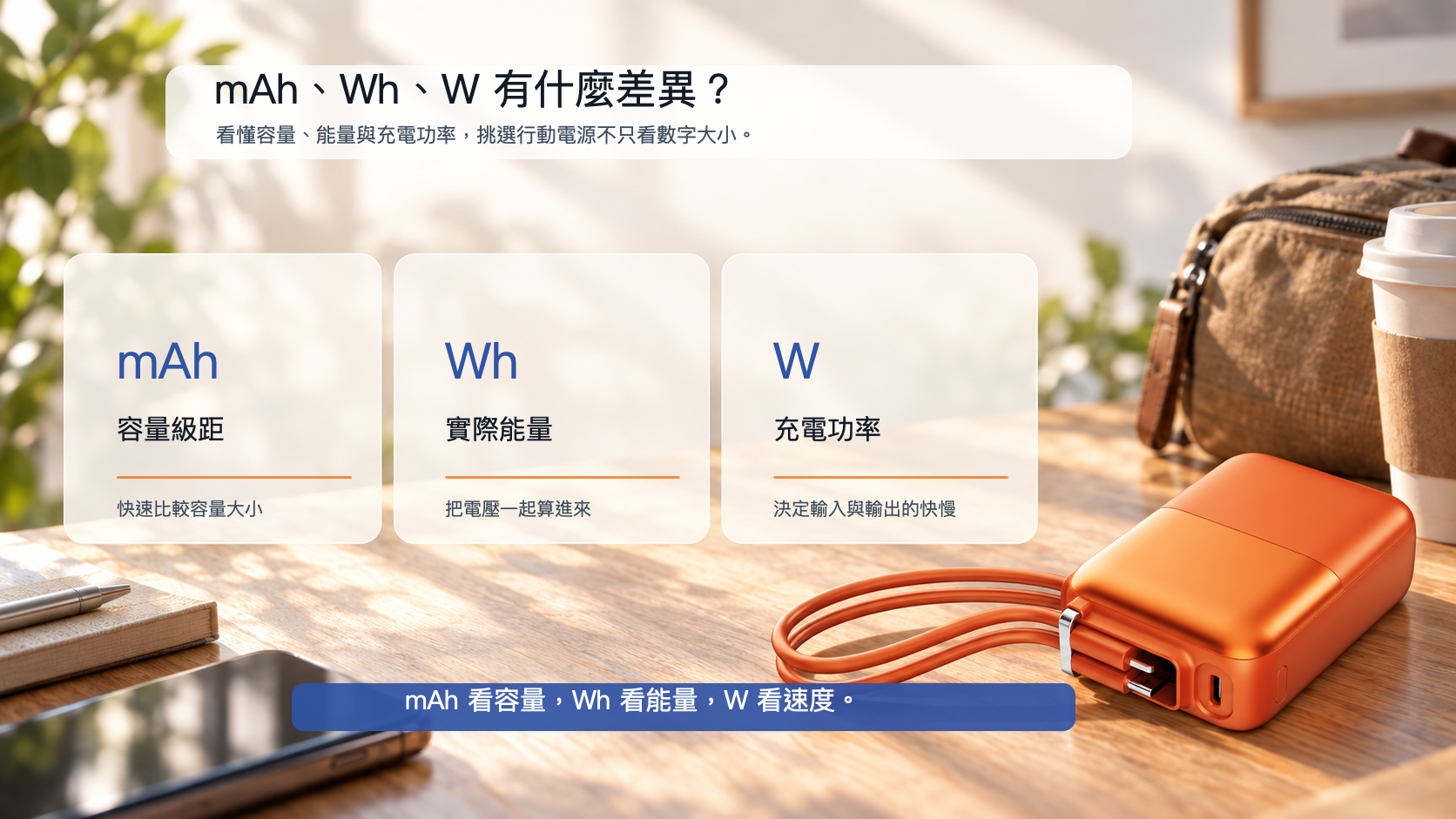 mAh、Wh、W 三者差異對照表:mAh 看容量級距、Wh 看實際儲存能量、W 看充電功率快慢
