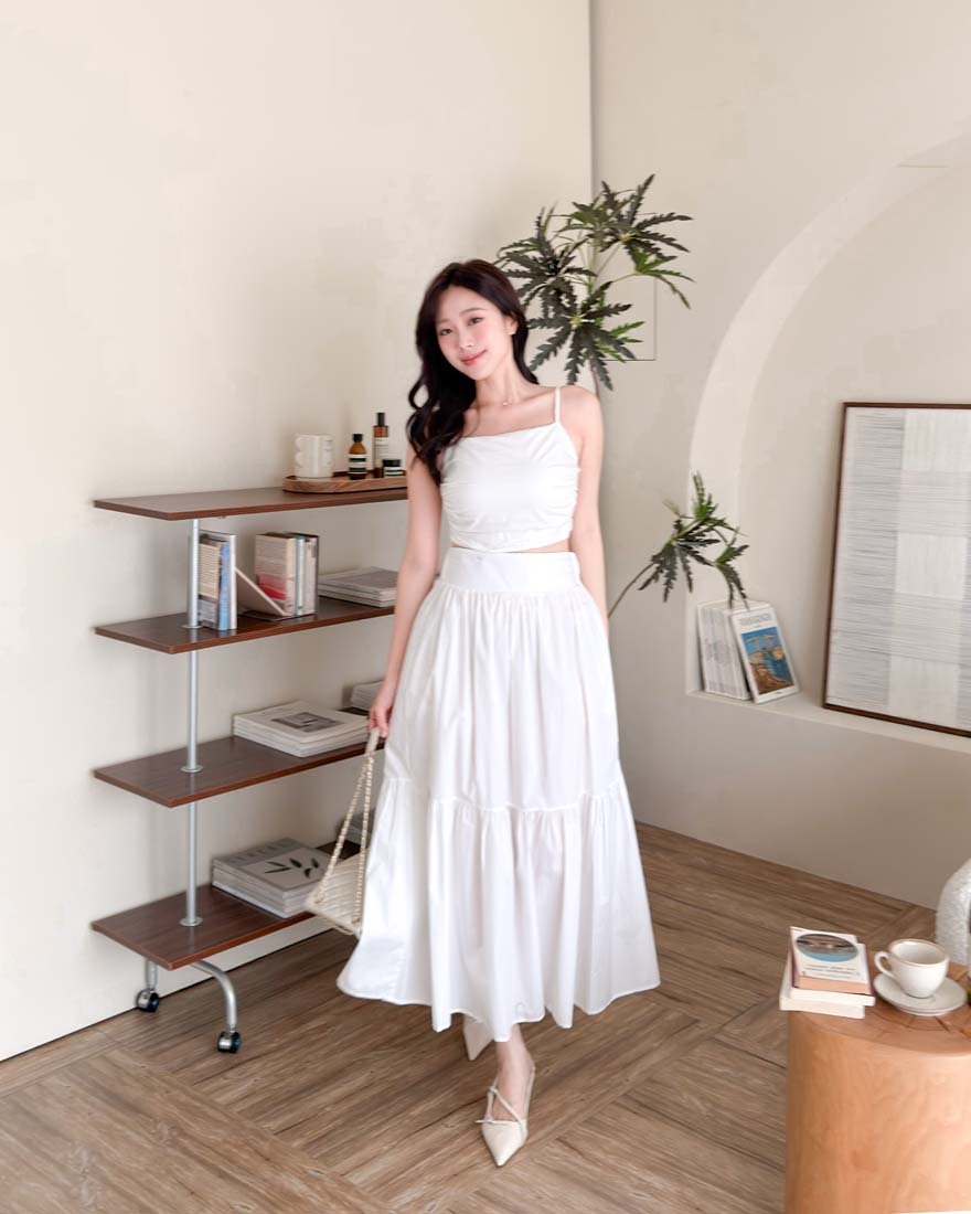 LINA LINA沁夏繆思純色細肩帶上衣長裙兩件組-氣質白