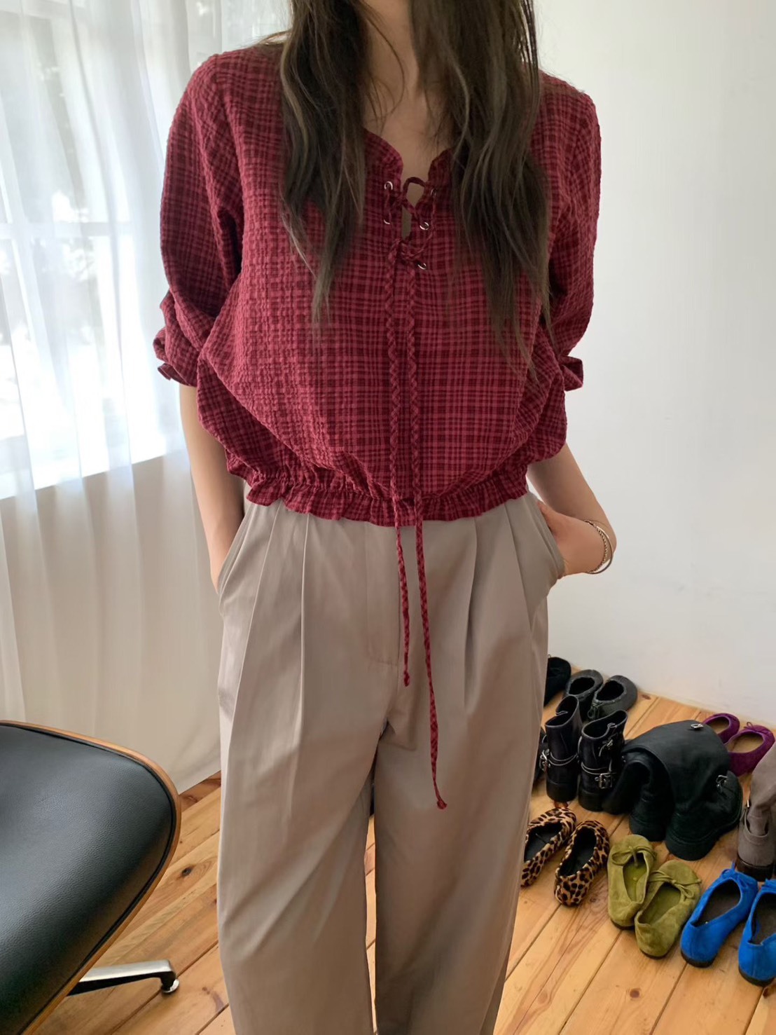 交叉綁帶縮腰襯衫
