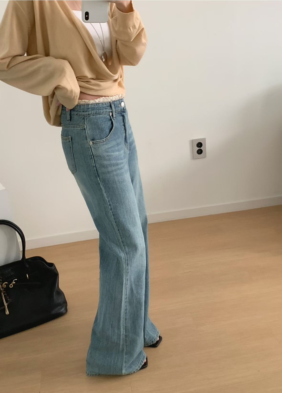 杏蕾絲邊牛仔長褲