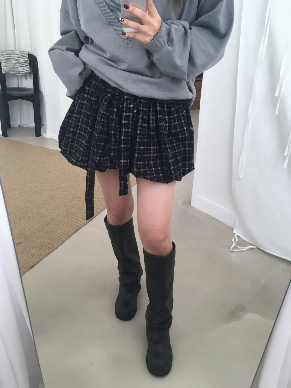 格子綁帶泡泡褲裙