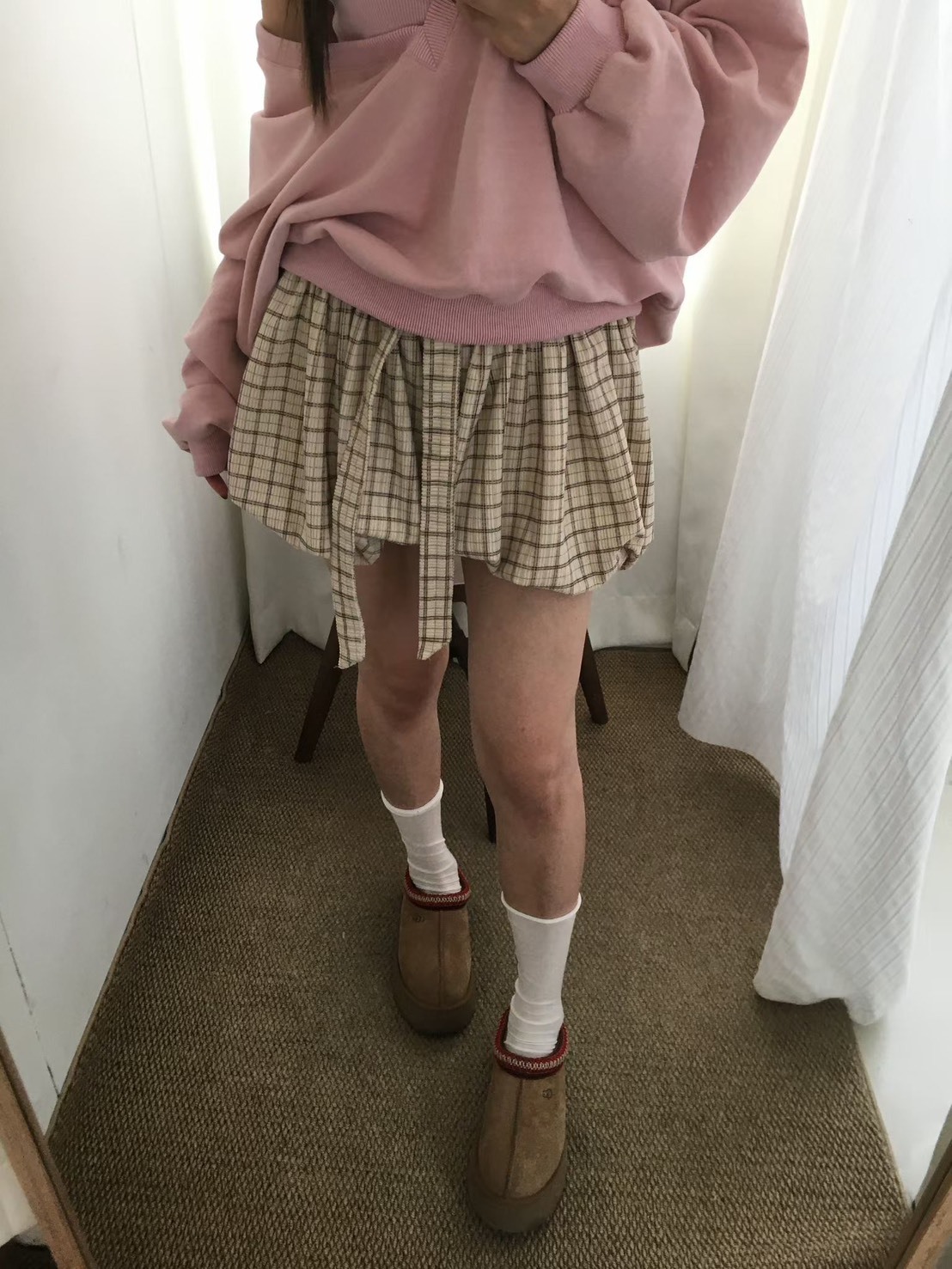 格子綁帶泡泡褲裙