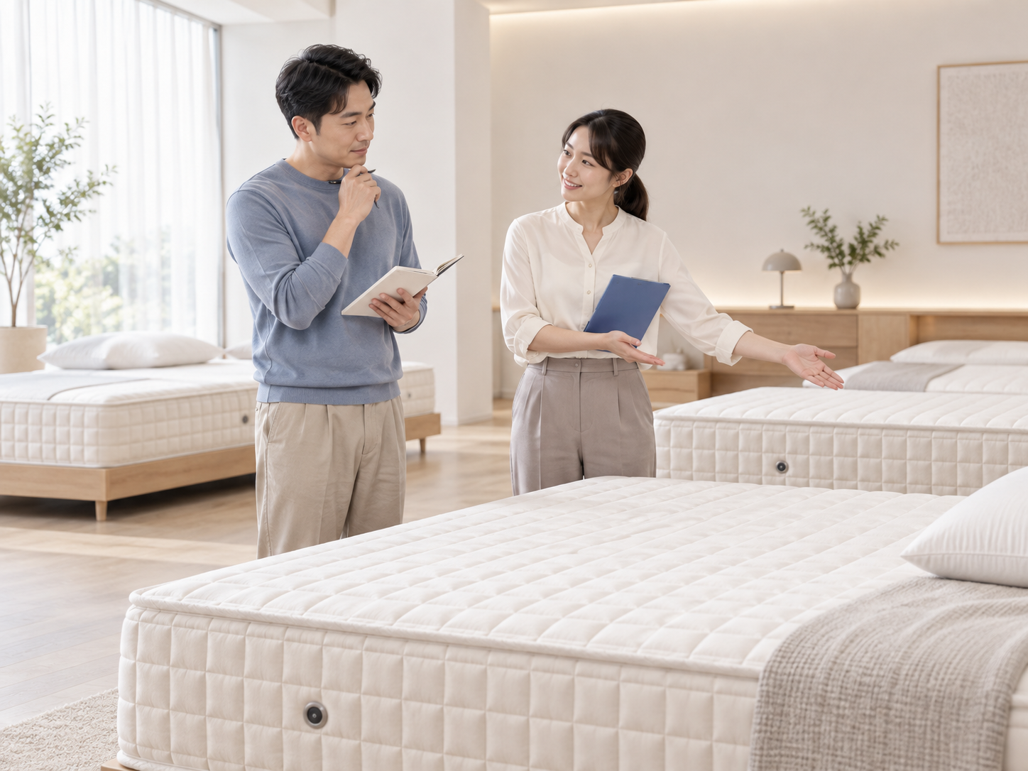 腰痠背痛試躺床墊前,向門市說明睡眠紀錄與平常的睡姿